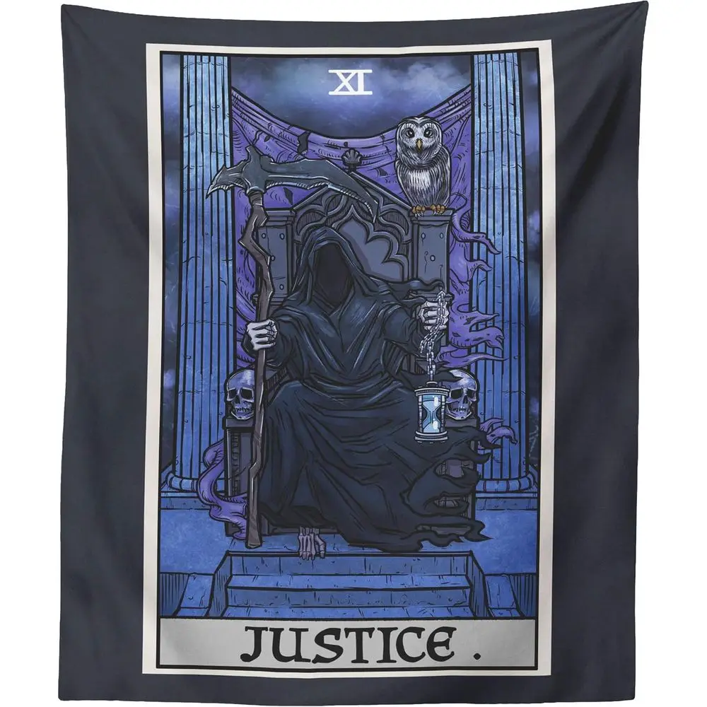 

The Ghoulish Garb Justice Tarot Card Tapestry - Grim Reaper - Gothic Halloween Home Decor Wall Hanging (60" x 50")