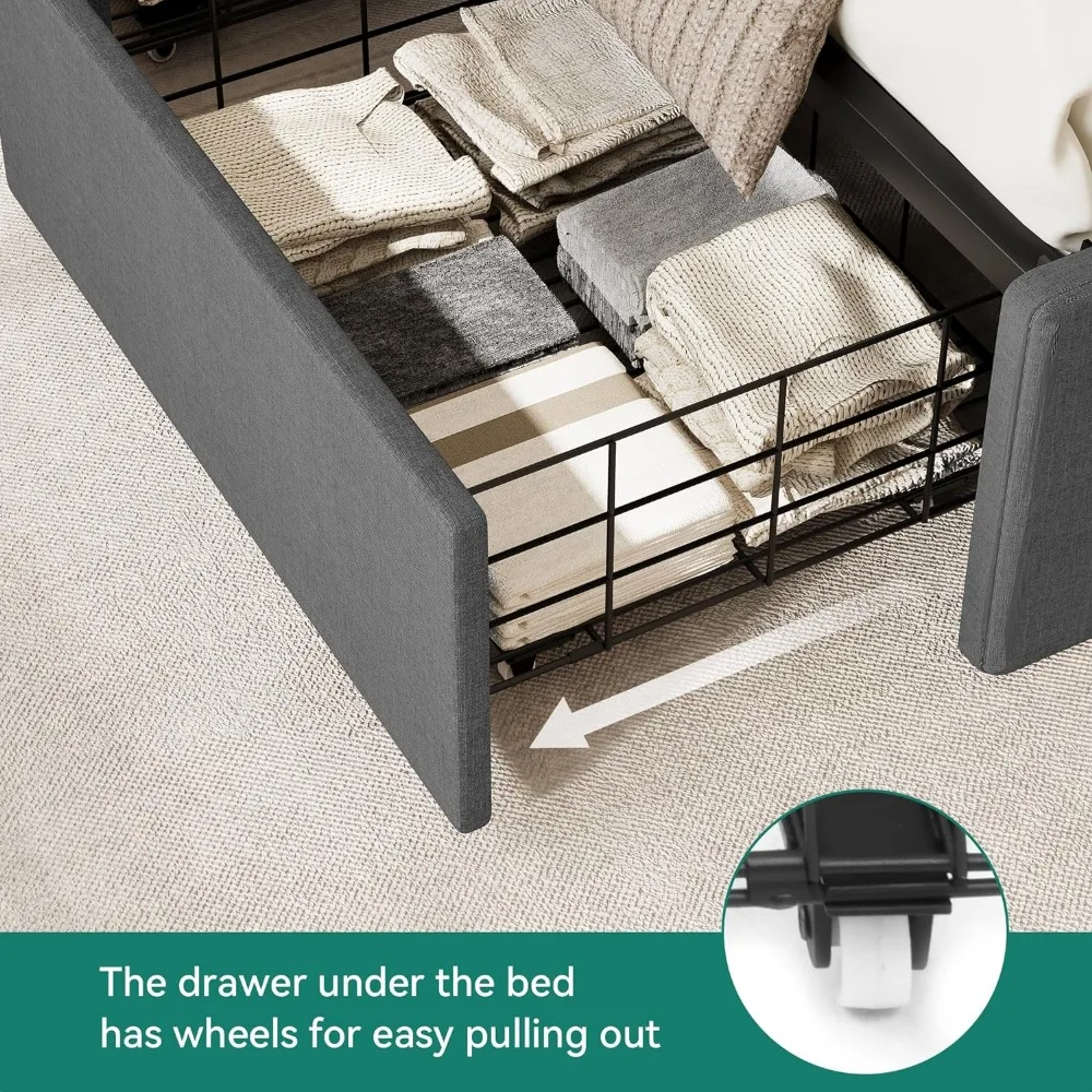 Queen Size Bed Frame with 4 Storage Drawers, Upholstered Platform Bed Frame with Wingback Storage Headboard