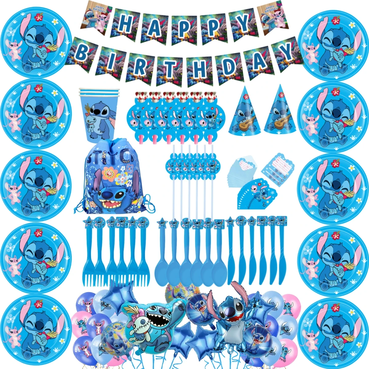 

High Quality Disney Stitch Themed Birthday Party Balloons Number Disposable Party Cutlery Set Baby Shower Banner Background