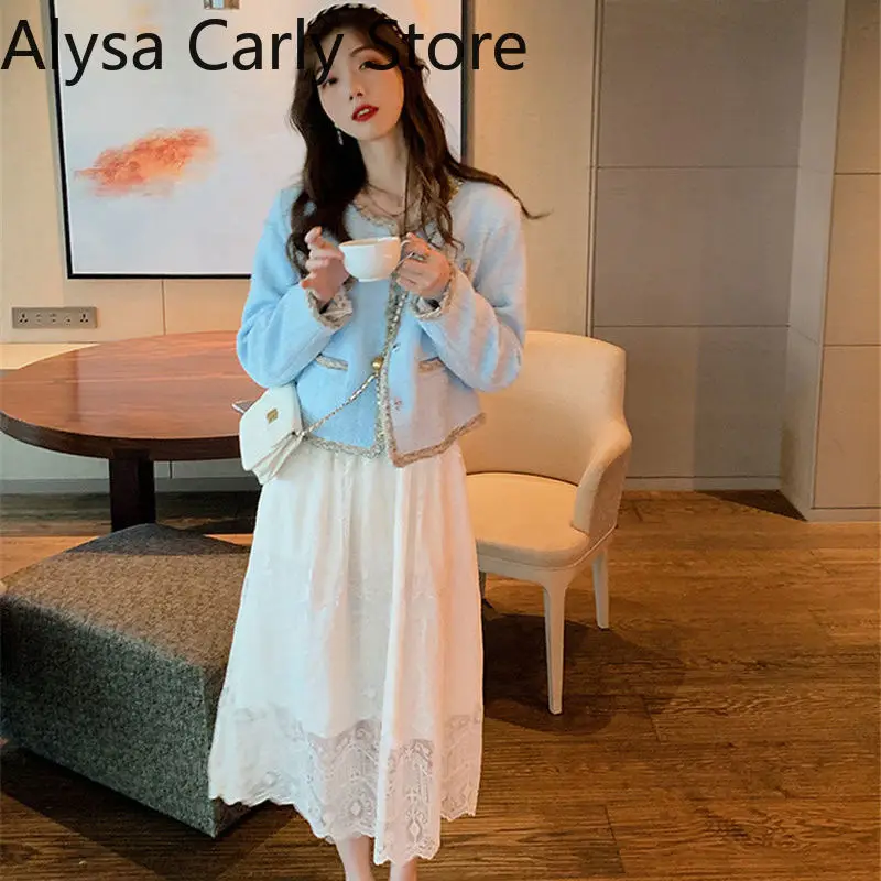 2022 Spring Lace Vintage Fairy Dress Women Elegant Flare Sleeve Korean Party Midi Dress Casual Office Lady Slim Y2k Kawaii Dress