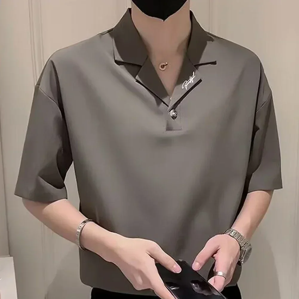 

Casual Loose Fit Top M XL Ice Silk Shirt Fashionable Design Lapel Neckline Men's Casual Style Brand New Condition Regular Length