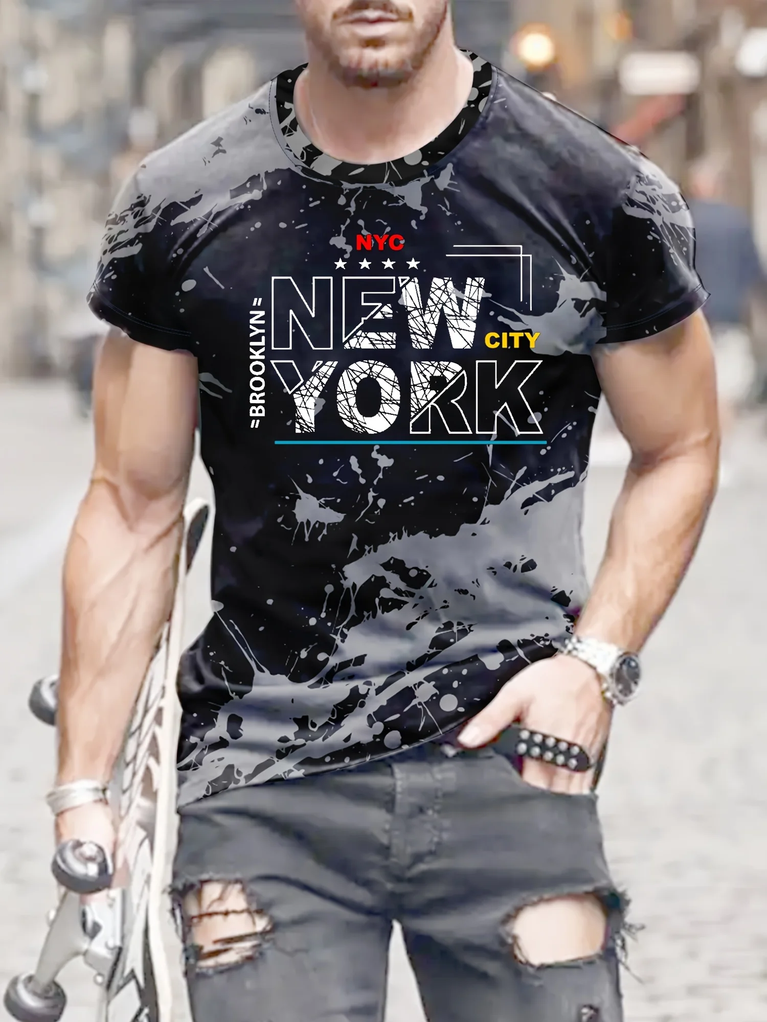 NEW YORK Gradient Print Crew Neck T-shirt - Soft Slight Stretch Polyester Fabric,Casual Comfy Tees for Men Four Seasons Wear