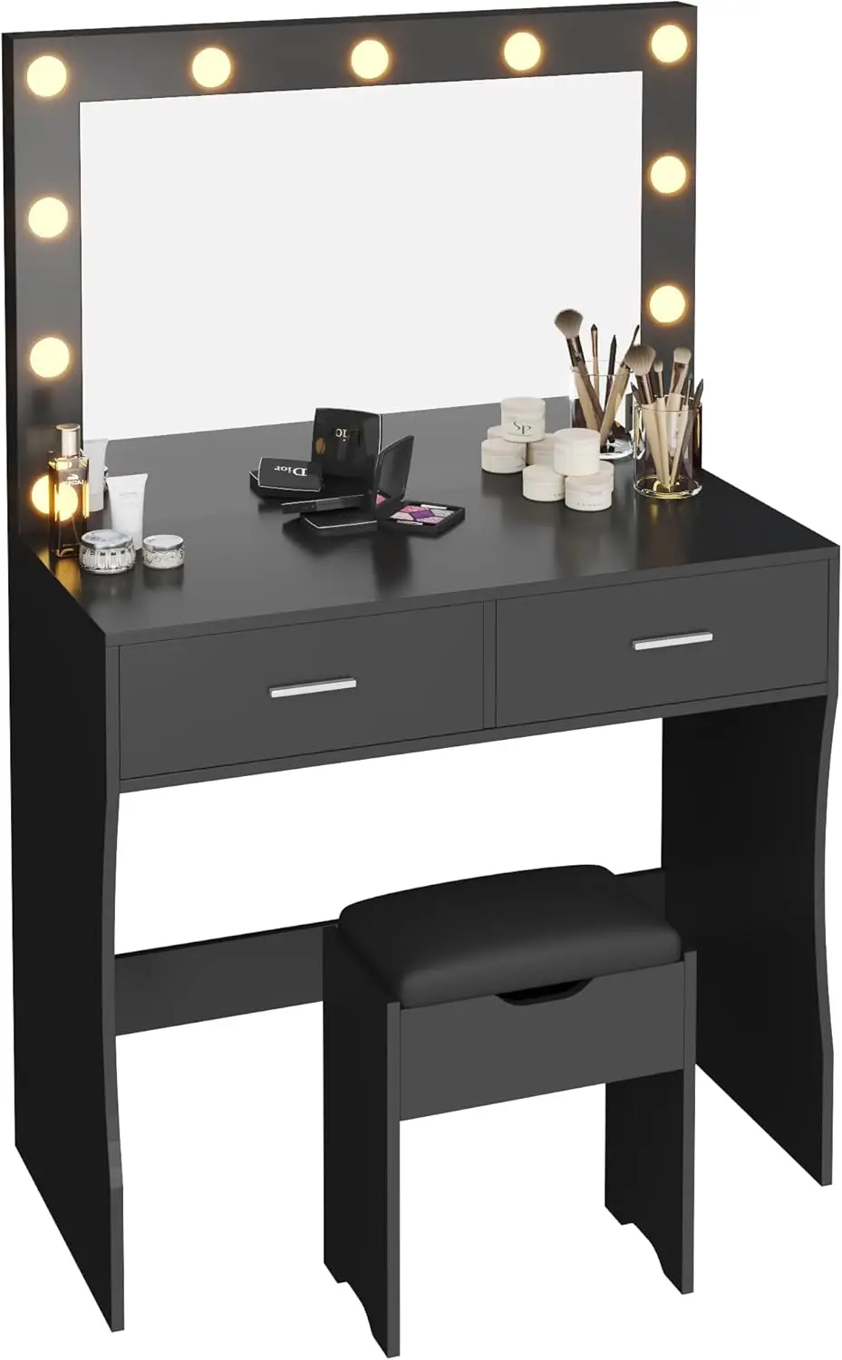 Vanity Desk with Lighted Mirror, Dresser with 11 Adjustable Lights and 2 Spacious Drawers, Soft-Padded Storage Stool, 3 Lighting