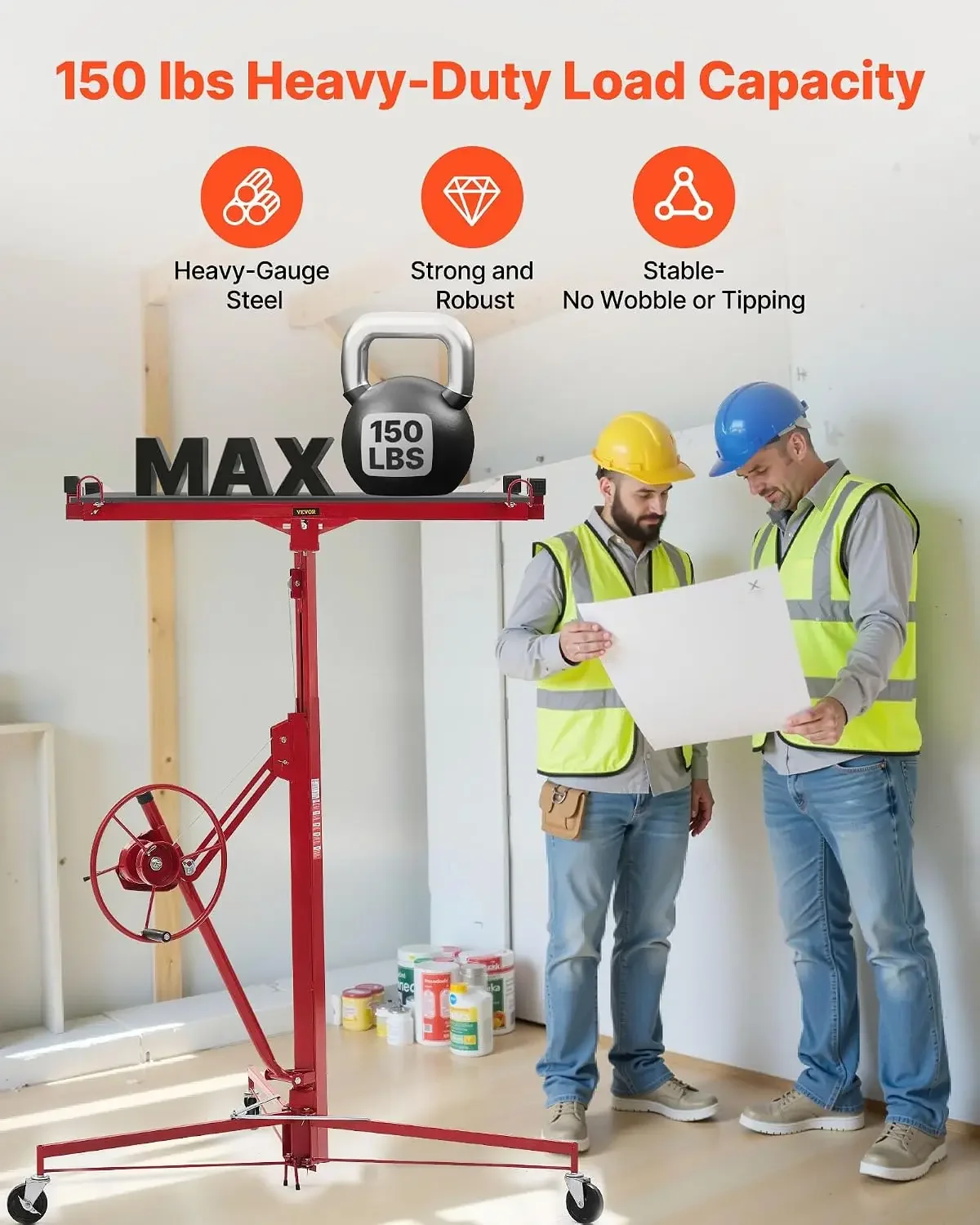 VEVOR 11ft Drywall Lift, Heavy-Duty 150 lbs Sheetrock Hoist with Adjustable Telescoping Arm, Lockable Wheels, Drywall Lifter Pan