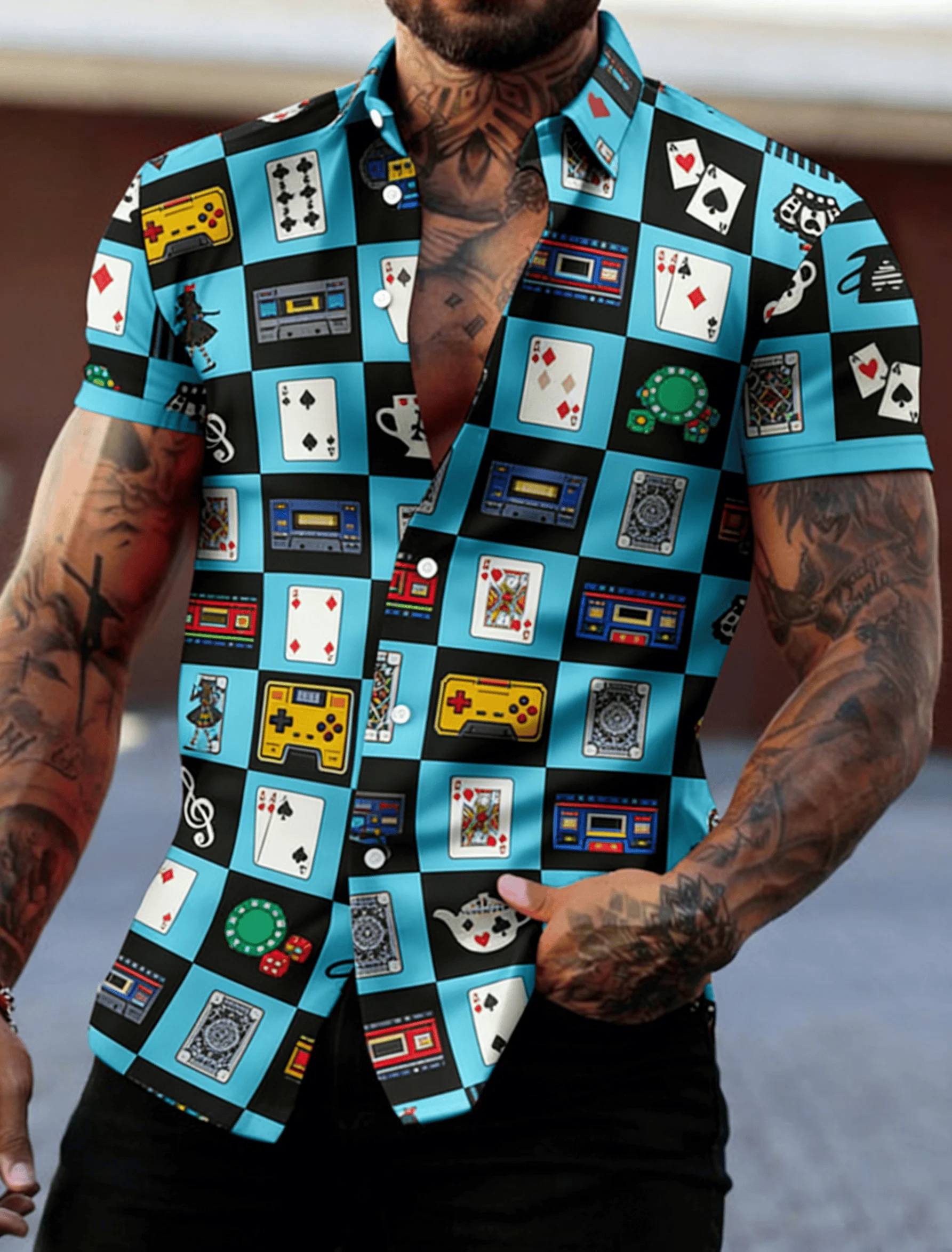 

Men's Blue-Black Check Poker Print Short Sleeve Shirt, Spring Summer Fun Trend Casual Top, Pocket Lapel Style