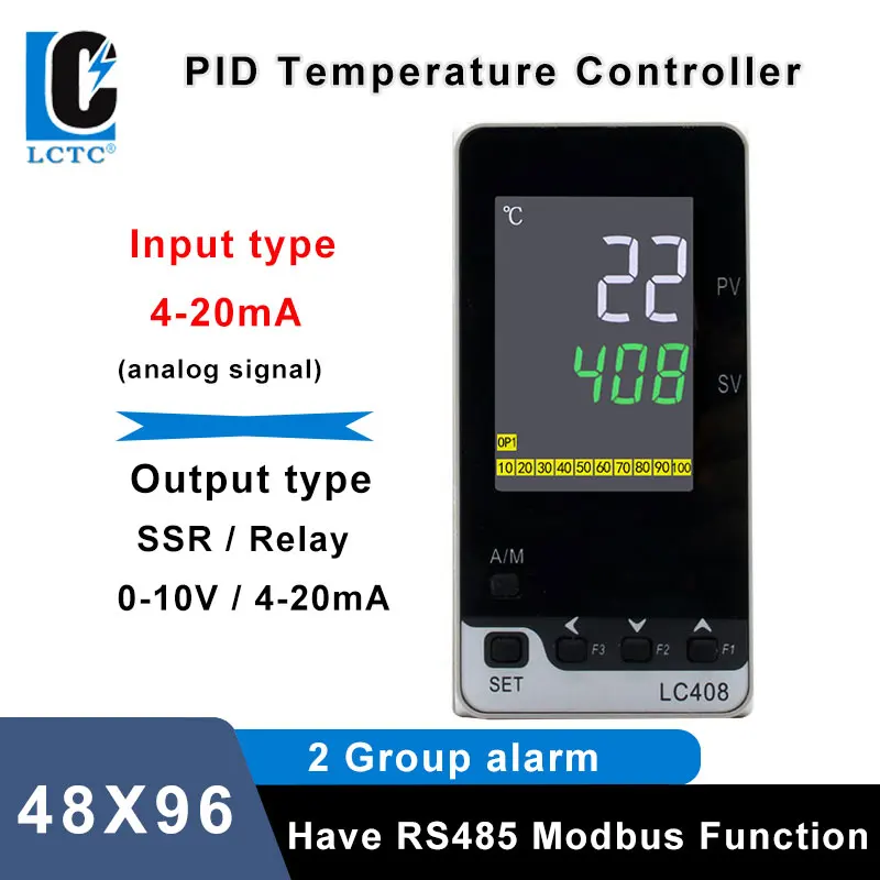 

LCTC PID Temperature Controller PID Regulator 4-20MA Analog Input SSR Relay 4-20MA 0-10V Output LCD Digital 48x96mm LC408