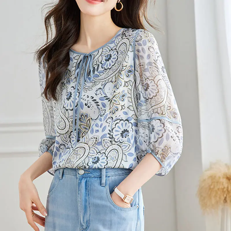 2024 New Summer Korean Commuting Minimalist Versatile Chiffon Three Quarter Loose V-neck Printed Lace Up Women\'s T-shirt Top