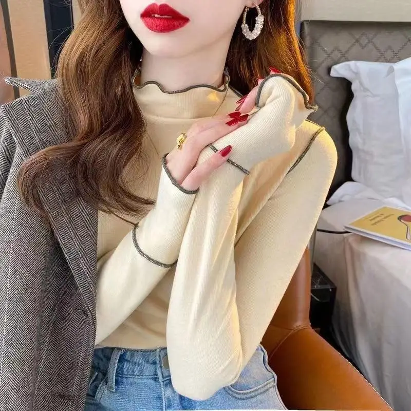 Spring Autumn Newwomen Half High Collar Simplefashion Versatile Bottom Shirt Soft Comfort Koreanversion Interior Long Sleevetops