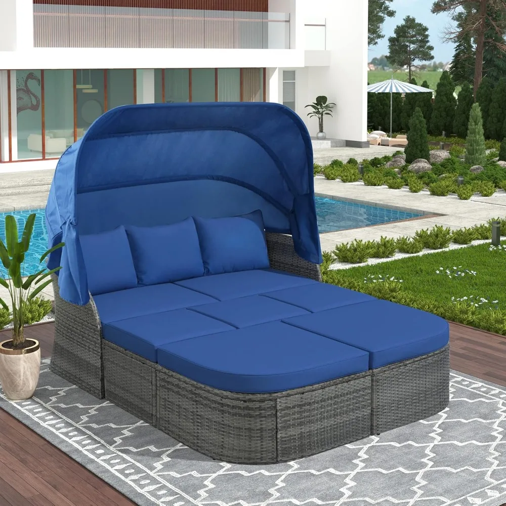 

Patio Daybed with Retractable Canopy & Lift-top Table, Wicker Rattan Outdoor Furniture Conversation Set w/Upholstered