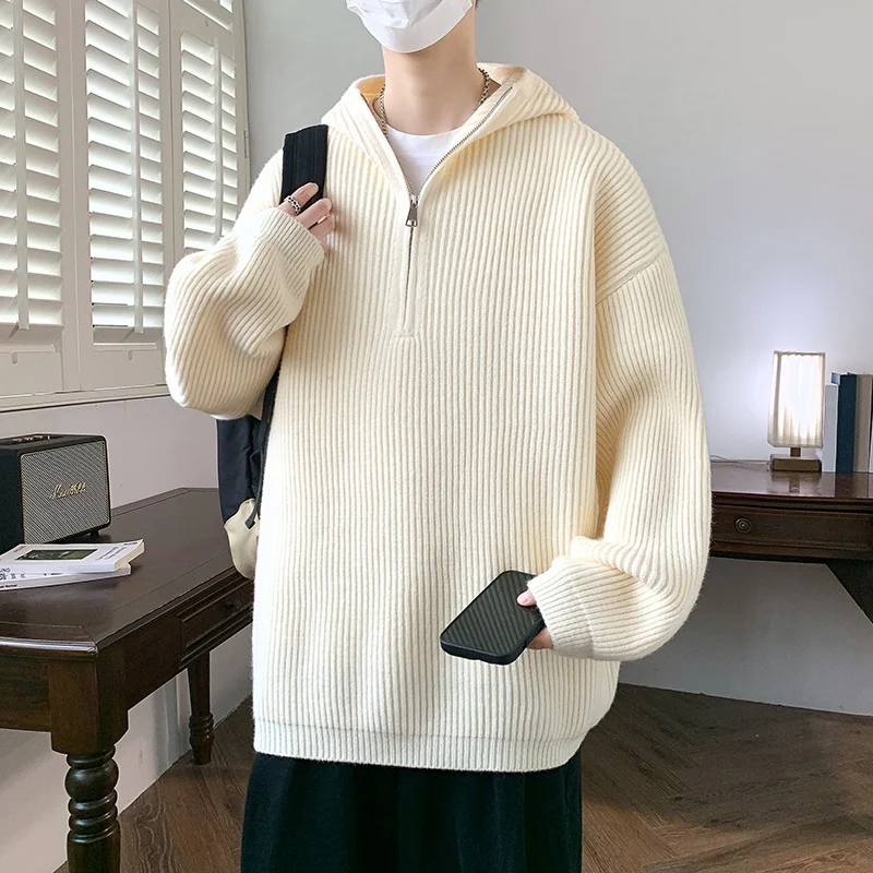 

Loose Fit Men's Knitted Sweater with f Zip And Hood Korean Sle Autumn Winter Faionable Versatile Yarn Base Ciwalk Su...