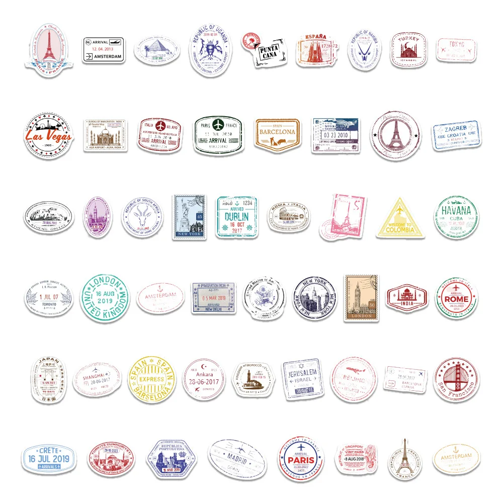 10/50PCS Passport Stamp Graffiti Sticker Fun's Waterproof Decal Water Cup Shoe Rack Laptop Wardrobe Decoration Toy Sticker