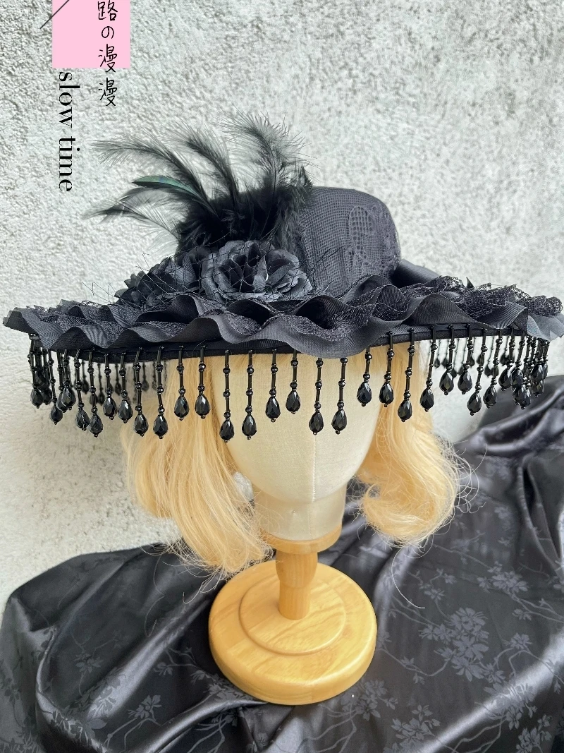 Lolita Handmade Gothic Dark Widow Hat Black Pearl Tassel Lace Black Rose Feather Photography Prop Head Umbrella