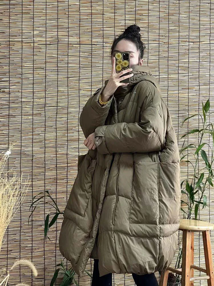 Schinteon Women White Duck Down Long Jacket with Hood Loose Over Size Coat Autumn Winter Warm Outwear Korean Style Big Pockets