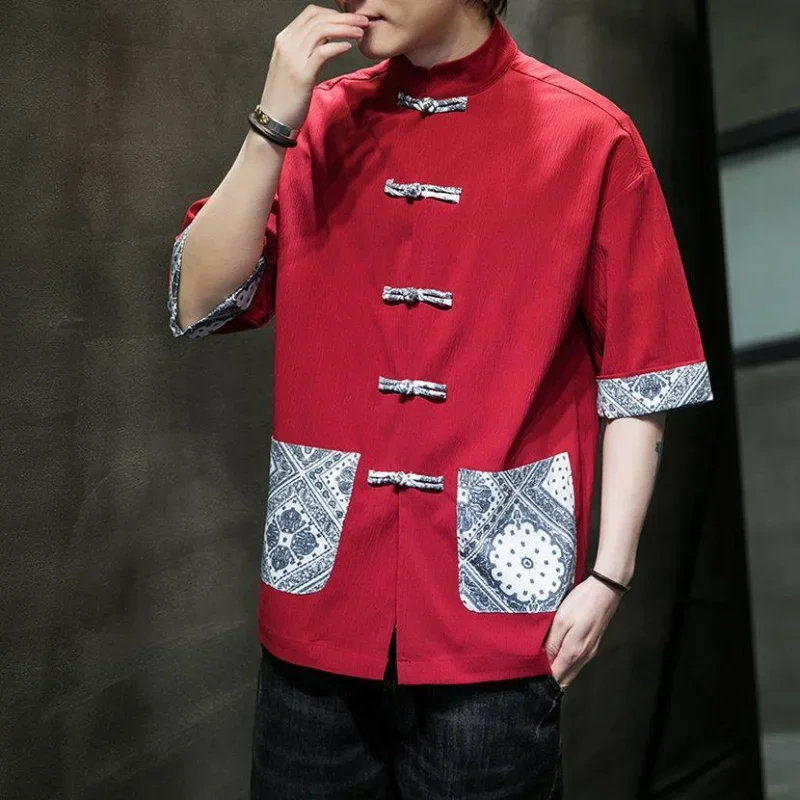 

Ice Silk Short-sleeved Shirt Men's Summer Thin Five-point Sleeve Chinese Style Tang Chinese Button Retro Shirt Trendy