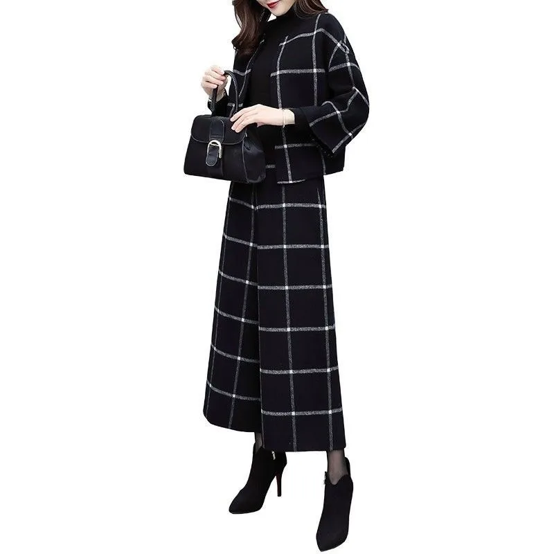 

Новые женские осенне-зимние брюки из двух предметов, шерстяная короткая куртка в клетку, широкие брюки, узкий модный костюм, женские одинаковые комплекты Tide