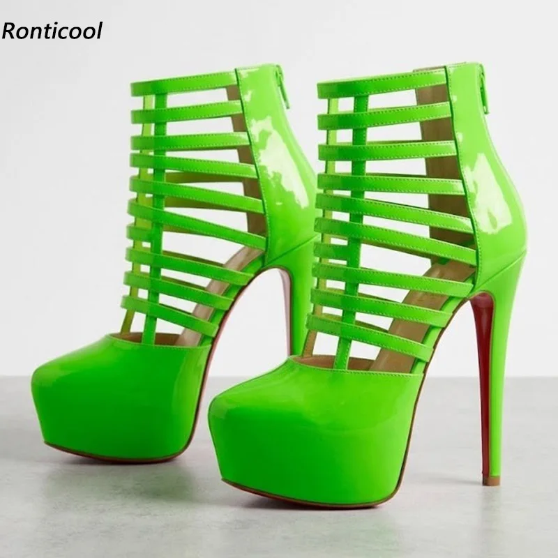 Ronticool New Handmade Women Hidden Platform Ankle Boots Back Zipper Stiletto Heel Round Toe Green Party Shoes Plus US Size 5-20