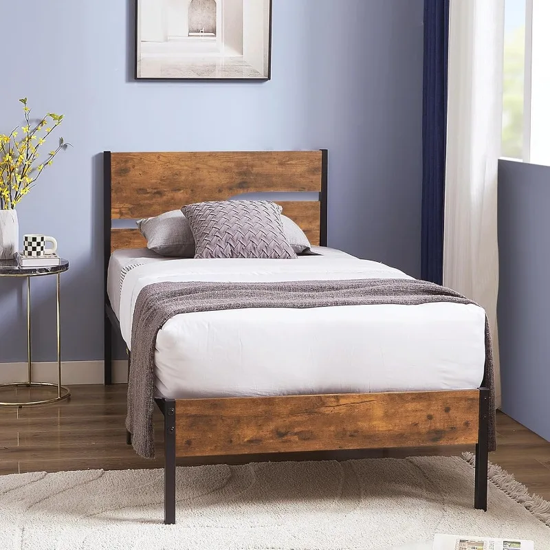 

Twin Platform Bed Frame with Rustic Wood Headboard, Strong Metal Slats Support No Box Spring Needed, Easy Assembly