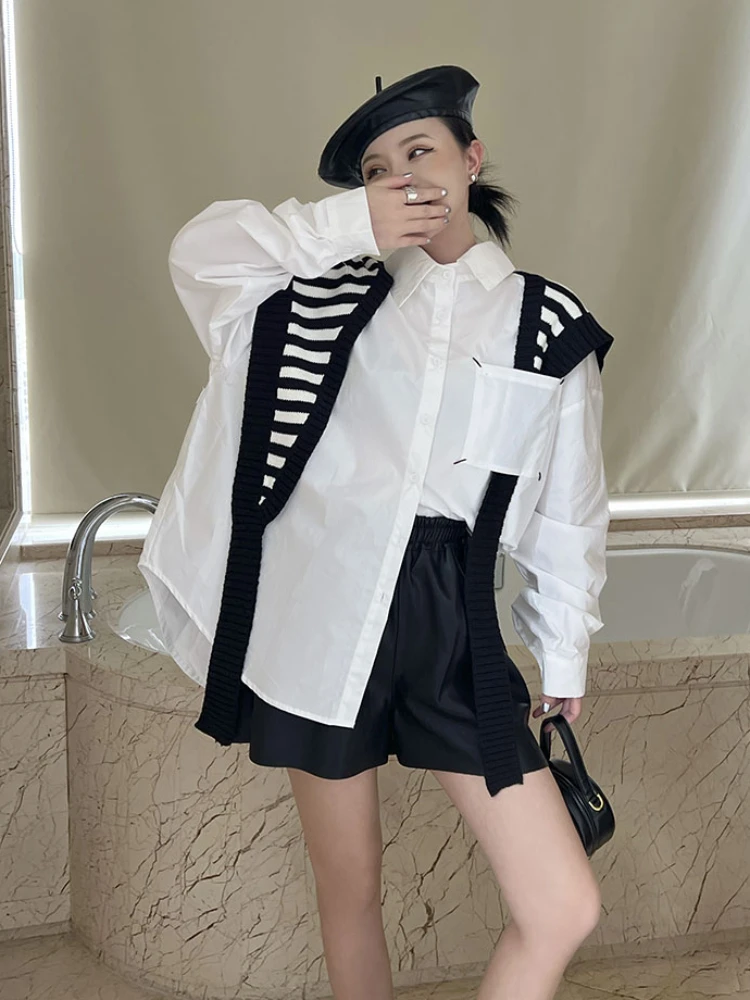 2024 Korean Style Loose White Shirt Top Women Spring Summer New Retro Casual Black White Striped Knitted Shawl 2-Piece Set Trend