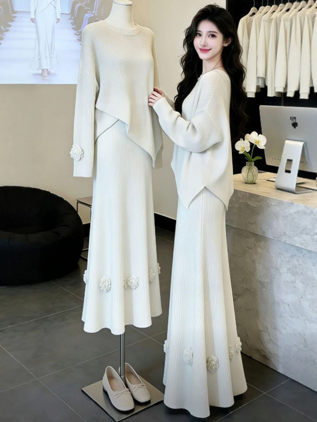 

Unique Knitted Sweater Skirt Set Gentle Sle Unusual Design f-length Skirt Two-piece Ensemble Youthful Spring Collection