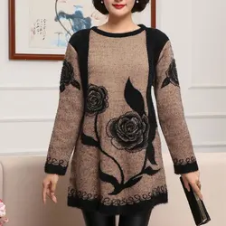 Fashion Floral Printed Knitted Jumpers Autumn Winter New Round Neck Female Clothing Vintage Casual Jacquard Weave Loose Sweaters