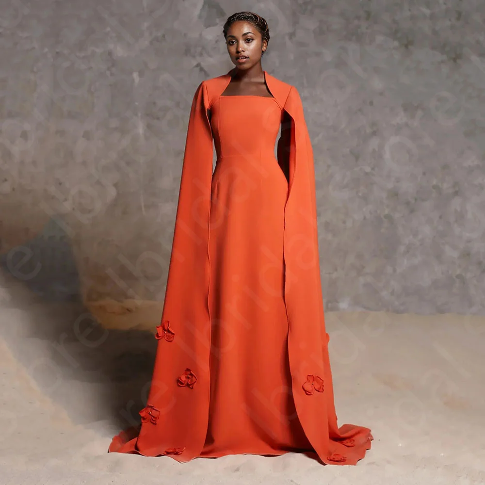 

Customized Classic Tangerine Evening Dresses 2025 Arabic Prom Gowns with Cape Sleeves Wedding Guest Dresses Sweep Train Flowers