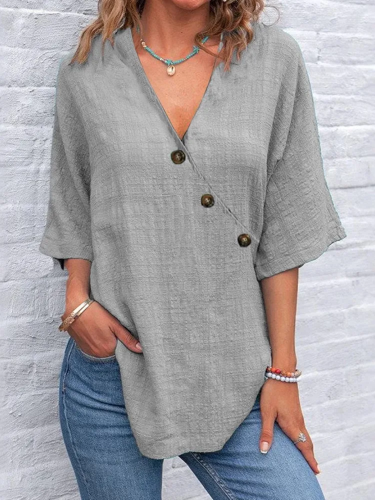 قميص نسائي علوي برقبة على شكل حرف V قميص فضفاض غير رسمي سادة موضة الصيف برقبة على شكل V أنيق بأكمام قصيرة للحفلات قمصان ملابس نسائية
