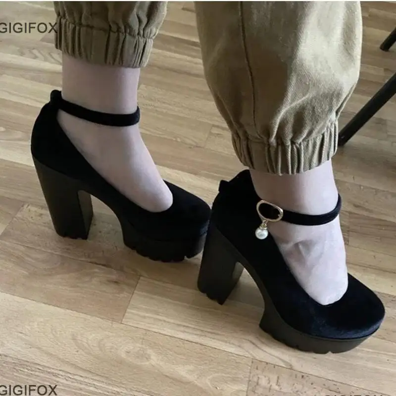 GIGIFOX New Platform Chunky Heeled Pumps For Women Velet Ankle Strappy Block High Heels Shoes Spring Dress Office Mary Janes