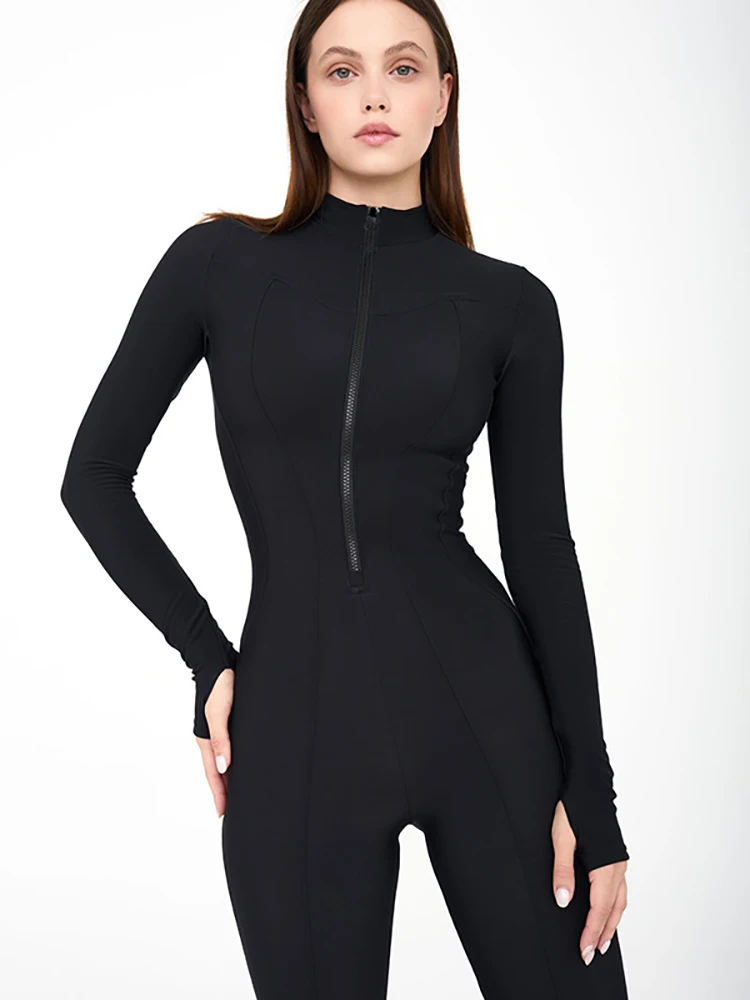 

JULISSA MO Tight Long Sleeve Zipper Women Jumpsuit Black Round Neck High Waist Playsuit Winter Warm Skinny Yoga Sporty Jumpsuit