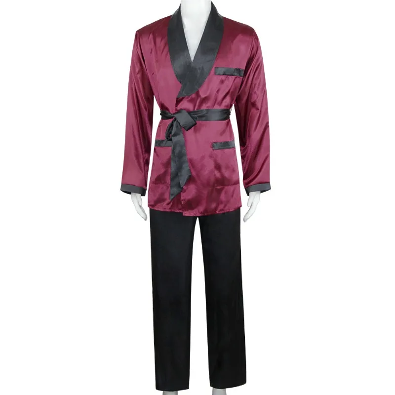 Men's Satiny Smoking Jacket Robe Nightwear Sleepwear Summer Long Sleeves V-Neck House Kimono Bathrobe with Belt Spa Bathing Suit