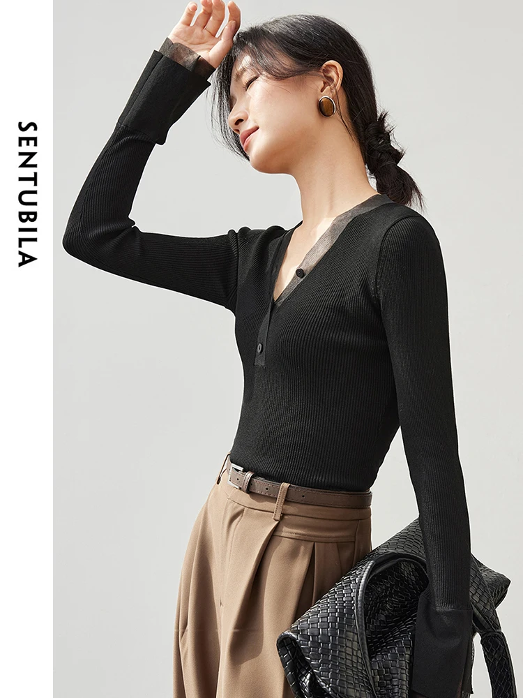 SENTUBILA Slim Fit Knitted Pullover for Women 2024 Autumn V Neck Patchwork Butterfiy Sleeve Solid Simple Women Tops W43H56835