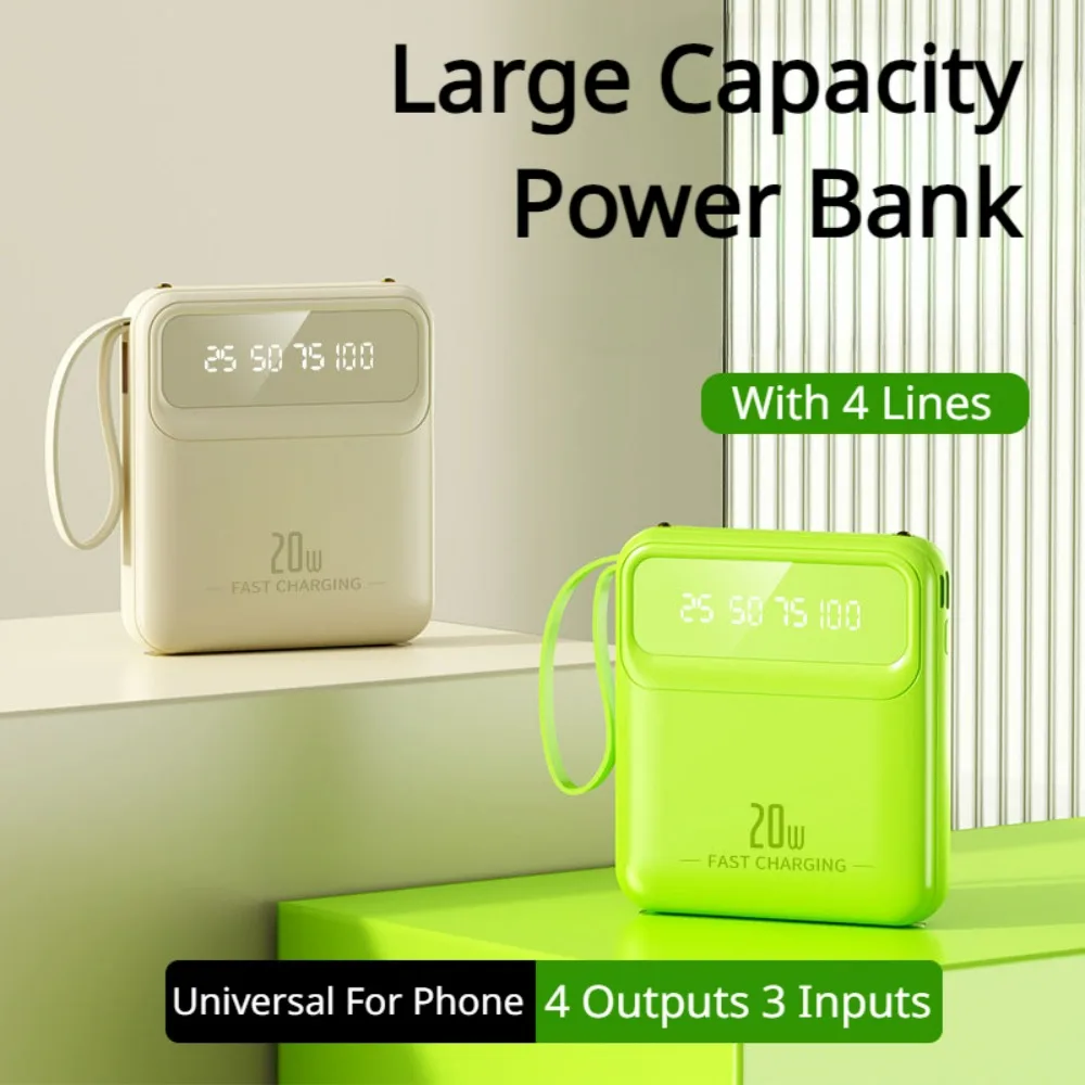 20000mah Portable LED Display Power Bank Comes with 4 Lines Built-in Cables Powerbank Colorful Beauty Phone Power Banks