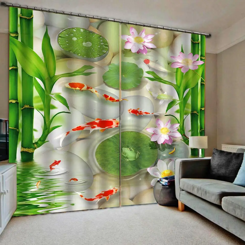 3D Window Curtain Foggy forest Luxury Blackout Living Room green bamboo louts fish curtains