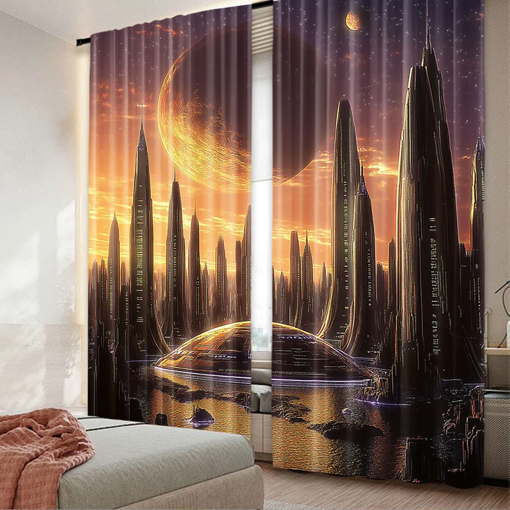 2Pcs Alien City Curtain Skyscraper Fantasy City Skyline Futuristic Alien Planet Birthday Party For Living Room Bedroomdecor