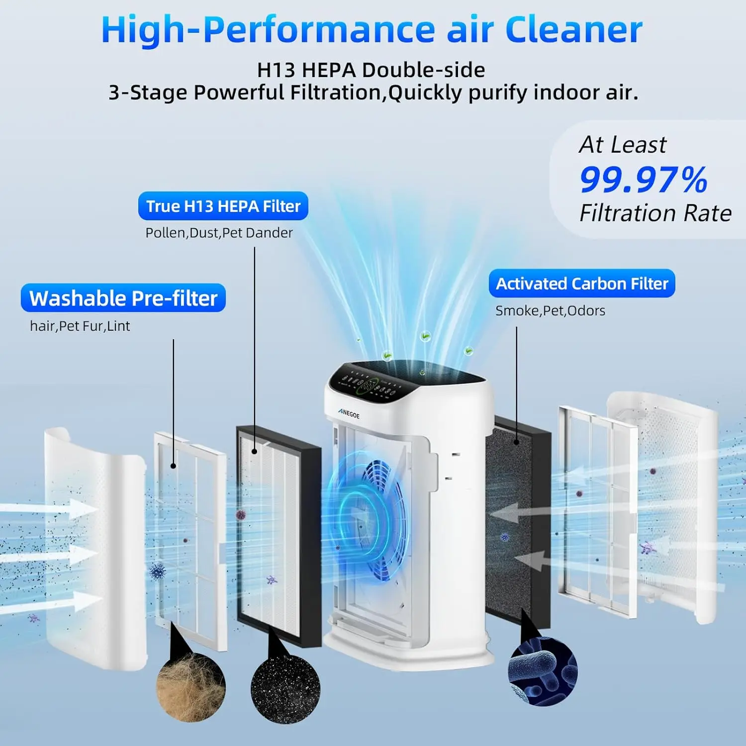 Large Room Air Purifier for Pets and Dust, HEPA Filter with Remote Control, Washable Pre-Filters, Covers 2500 Sq Ft