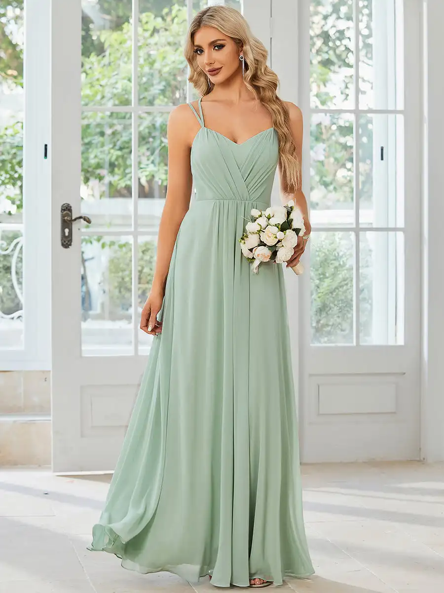 Elegante avondjurk V-rug rugloze vloerlengte Ever Pretty 2025, chiffon rimpel mintgroene bruidsmeisjesjurk