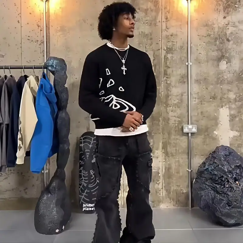 ストリートウェア プラネット ジャカード刺繍ロゴ クルーネックセーター メンズ レディース カップル カジュアル ニット ジャンパー