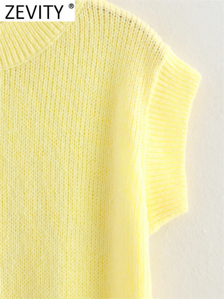 Zevity Women Fashion O Neck Raglan Sleeve Yellow Color Knitting Vest Sweater Female Chic Basic Pullovers Tops SW6296