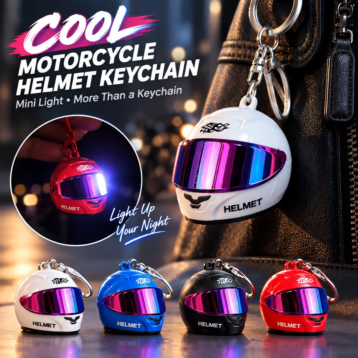3D Mini Motorcycle Helmet Keychain Luminous Light Helmet Keyring Night Warning Light Key Chain Gift for Bikers Car Gift Ideas