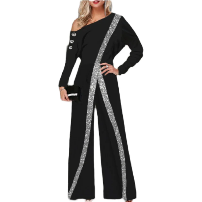 패셔너블 여성용 롱 점프수트 하이웨이스트 와이드 레그 팬츠 스트리트 스타일 캐주얼 바지 여름 세련된 디테일