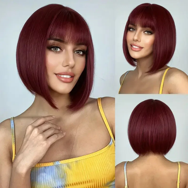 

Wine red short hair synthetic wig, high-temperature silk, straight bangs, Bob hairstyle, party daily wear wig head cover