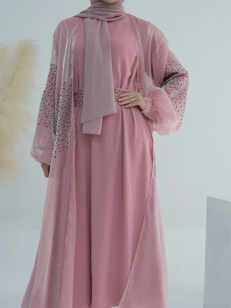 Puff Sleeve Abaya & Inner Dress Muslim 2 Piece Set for Women Eid Dress Ramadan Lace-up Abaya Islam Cardigan Dubai Arab Long Robe