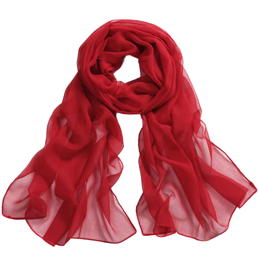 Women's casual chiffon scarf red solid color thin shawl silk scarf sunscreen beach mulberry silk travel thickened silk scarf