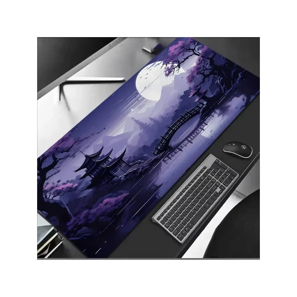 Großes lila Nachtszene-Gaming-Mauspad, Kirschblüten- und Pagoden-Design, rutschfeste Gummibasis, Büro-Schreibtisch-Gaming-Matte