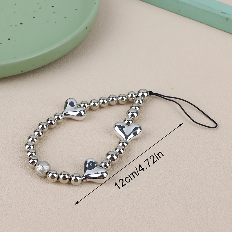 1pc Silber Farbe Herz Telefon Charms Kunststoff Liebe Perlen Seil für Telefon Frauen Männer kurze Handy Lanyard Schlüssel anhänger