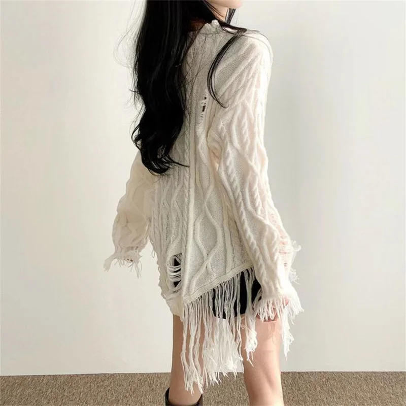 Women\'s Sweater Sexy Off Shoulder Top Women Autumn Winter Hollow Out Tassel Loose Female Pullovers Chic Tops Y2k Clothes