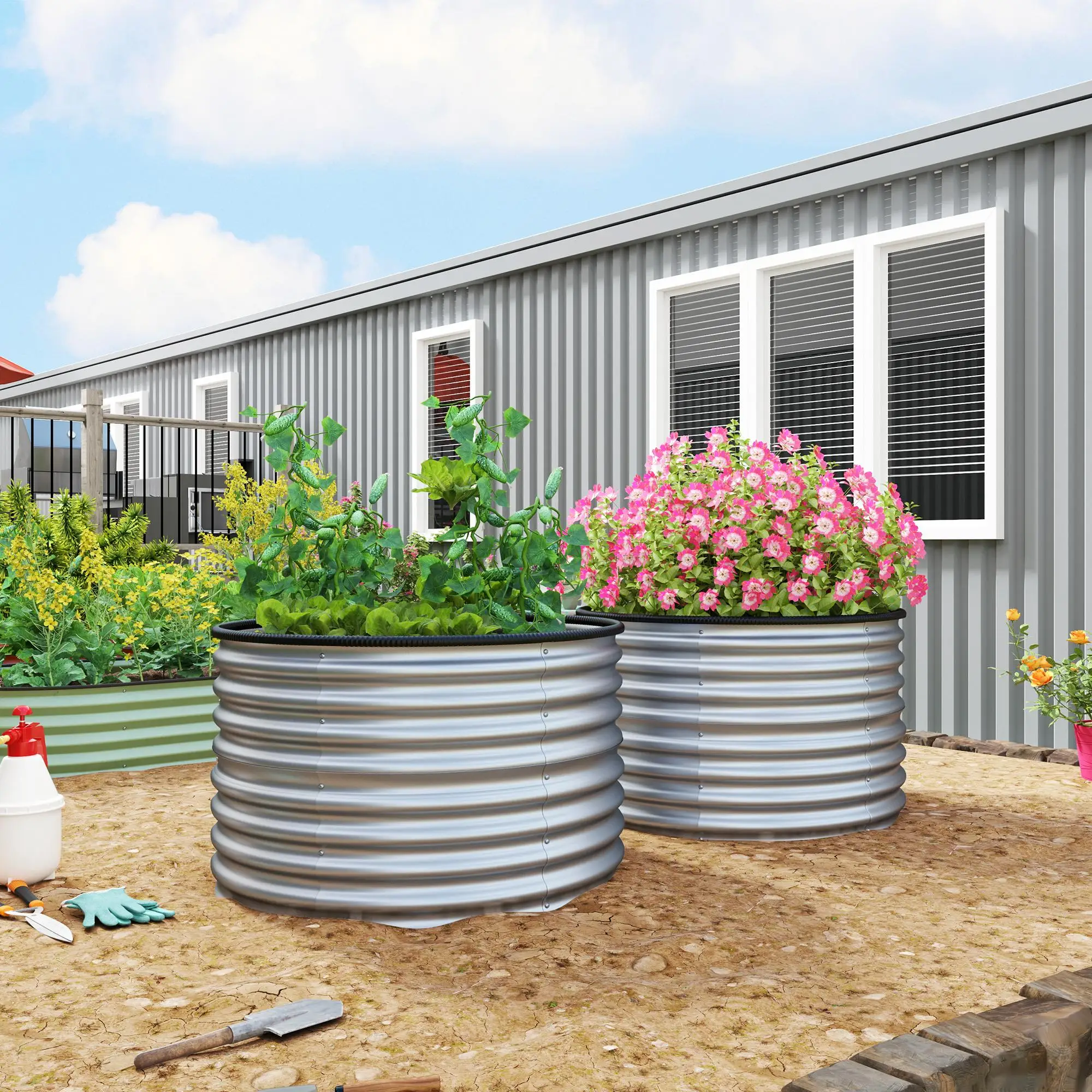 Lote de 2 Jardinieres Elevadas Alier Galvanizadas 90x56cm Plateadas, para Exterior, Drenaje Abierto, Resistentes a la Intemperie