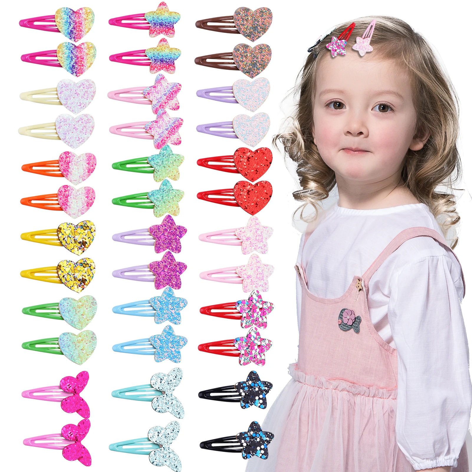 18pcs Glitter Sparkle Hair Clips for Girls Star Heart Sequins Heart Clips Butterfly Rainbow Ponytail Accessories