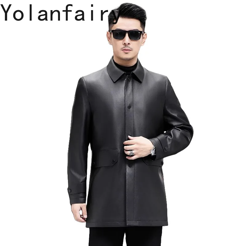 Marca YOLANFAIRY, chaqueta de piel de oveja de primera capa, solapa para hombre, gabardina de longitud media de cuero genuino para hombre, abrigos informales