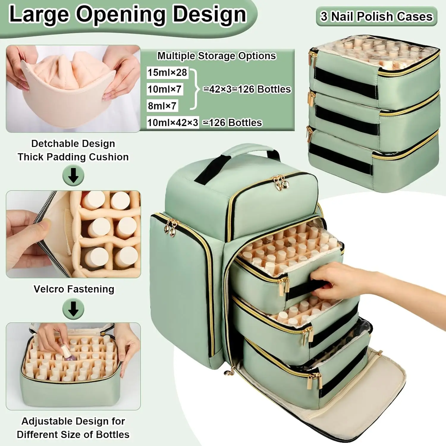Plecak na lakiery do paznokci o bardzo dużej pojemności, na 126 butelek, z lampą UV, przenośna torba podróżna (zielony)