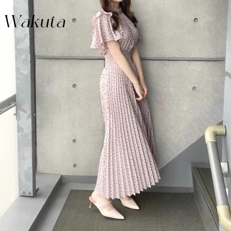 

WAKUTA Japanese Retro Polka Dot Dress High Waist Slim A-line Elegant Pleated Robe Spring Summer New Sweet Ropa De Mujer Vestidos